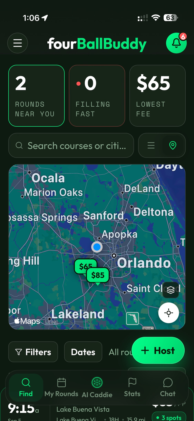 fourBallBuddy Find tab: satellite map of nearby courses with green price pins