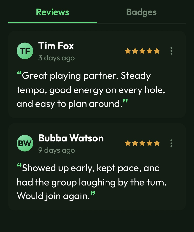 Player profile showing star rating and reviews